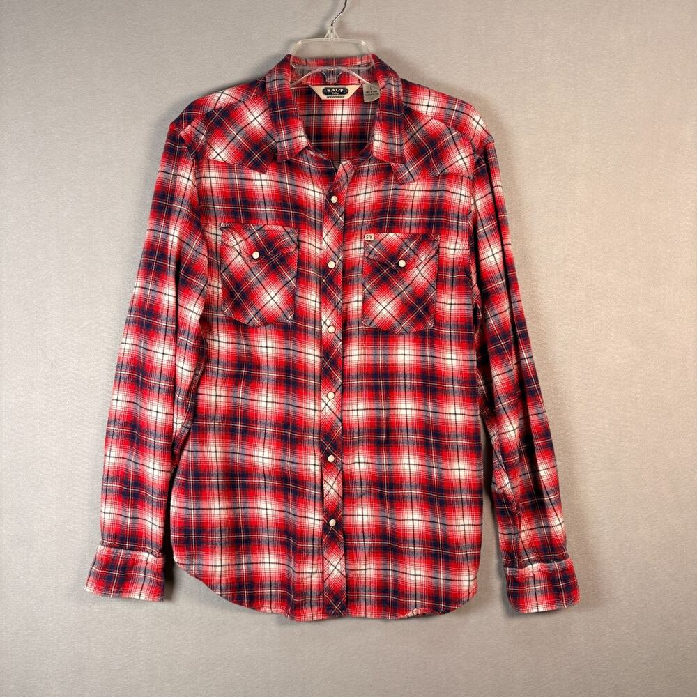 Salt Valley Western Men's Large Red Plaid Pearl Snap Flannel Shirt Cowboy